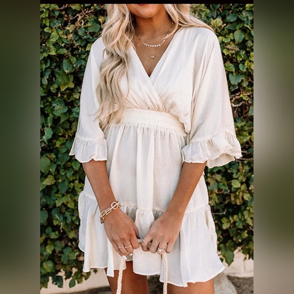 Glam V Neck Wrap Smocked Waist Ruffle Mini Dress - Picture 3 of 7